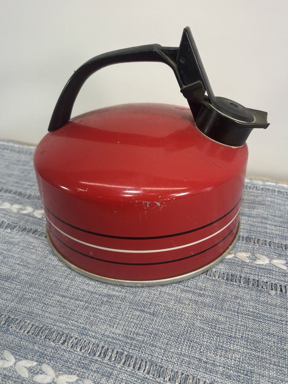 Vintage Red Enamel Whistling Tea Kettle Black Handle Retro Mid Century Kitchen